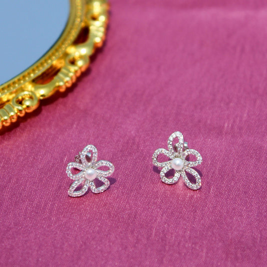 Silver Pearl Flower Studs