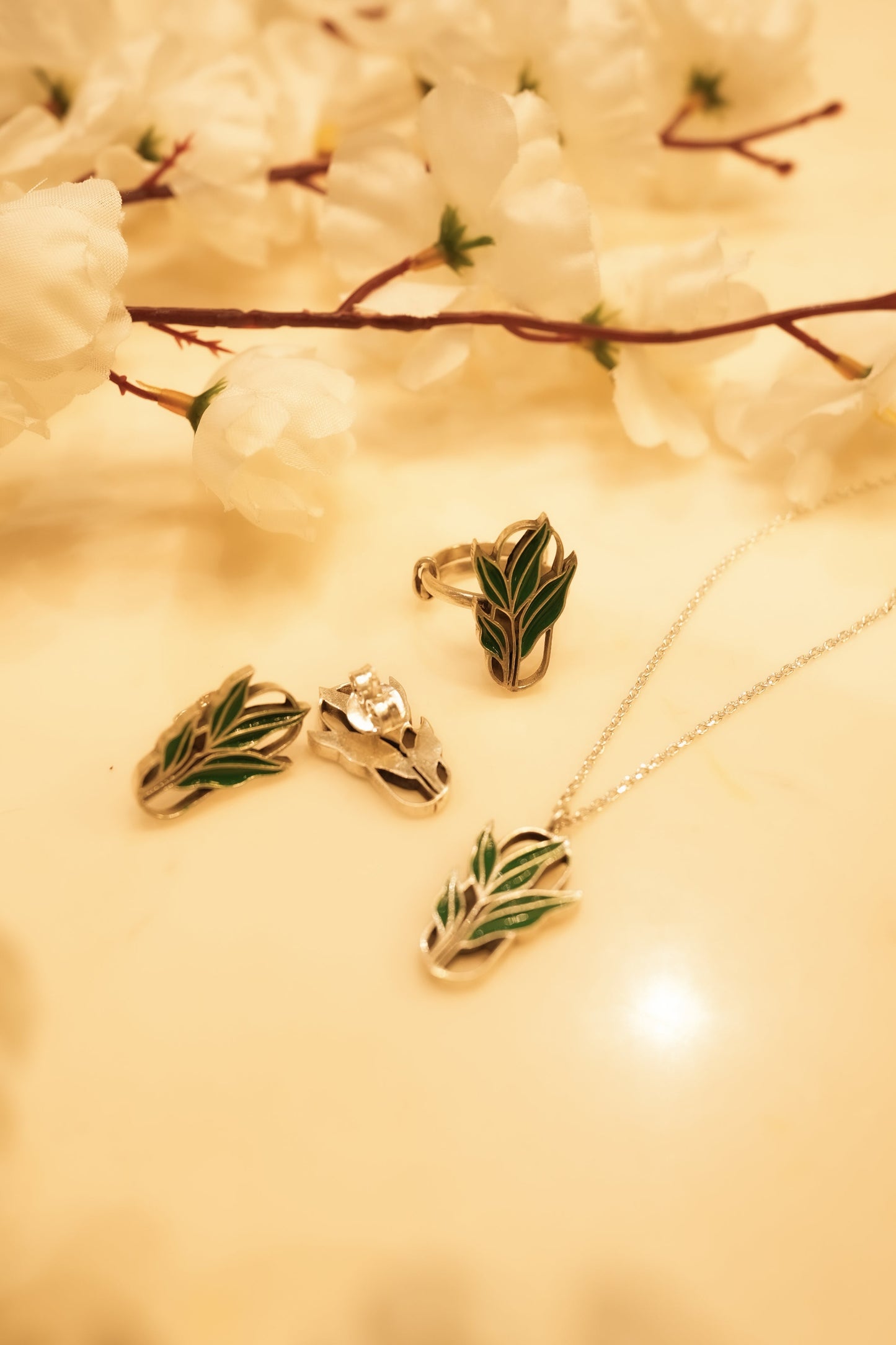 Aadhya Leaf Enamel Necklace Ring Set