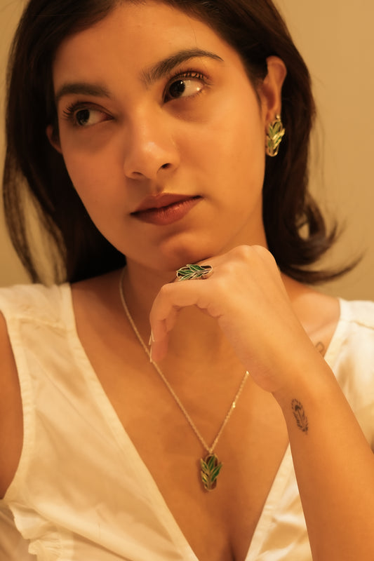 Aadhya Leaf Enamel Necklace Ring Set
