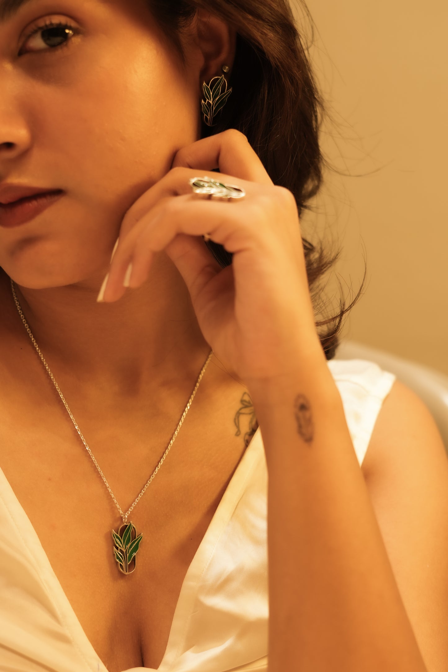 Aadhya Leaf Enamel Necklace Ring Set