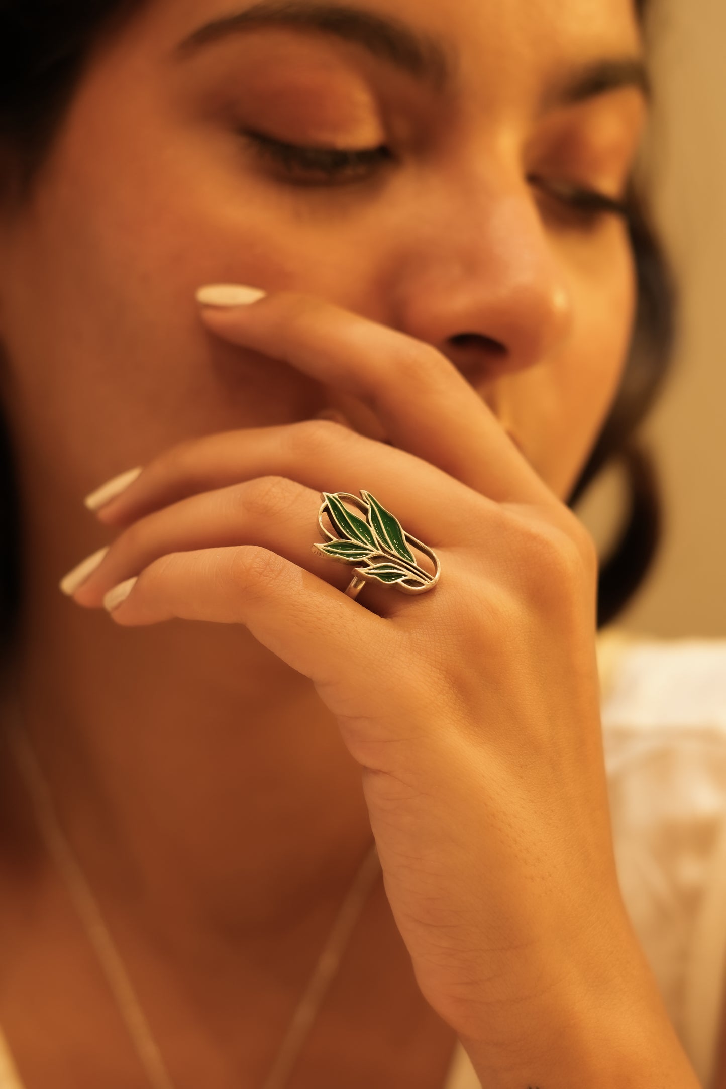 Aadhya Leaf Enamel Necklace Ring Set