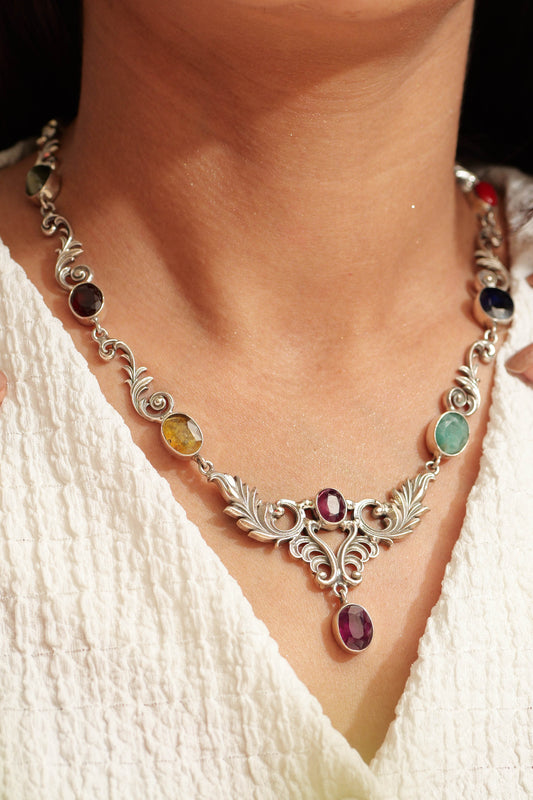 Peacock Bloom Navratna Necklace Set