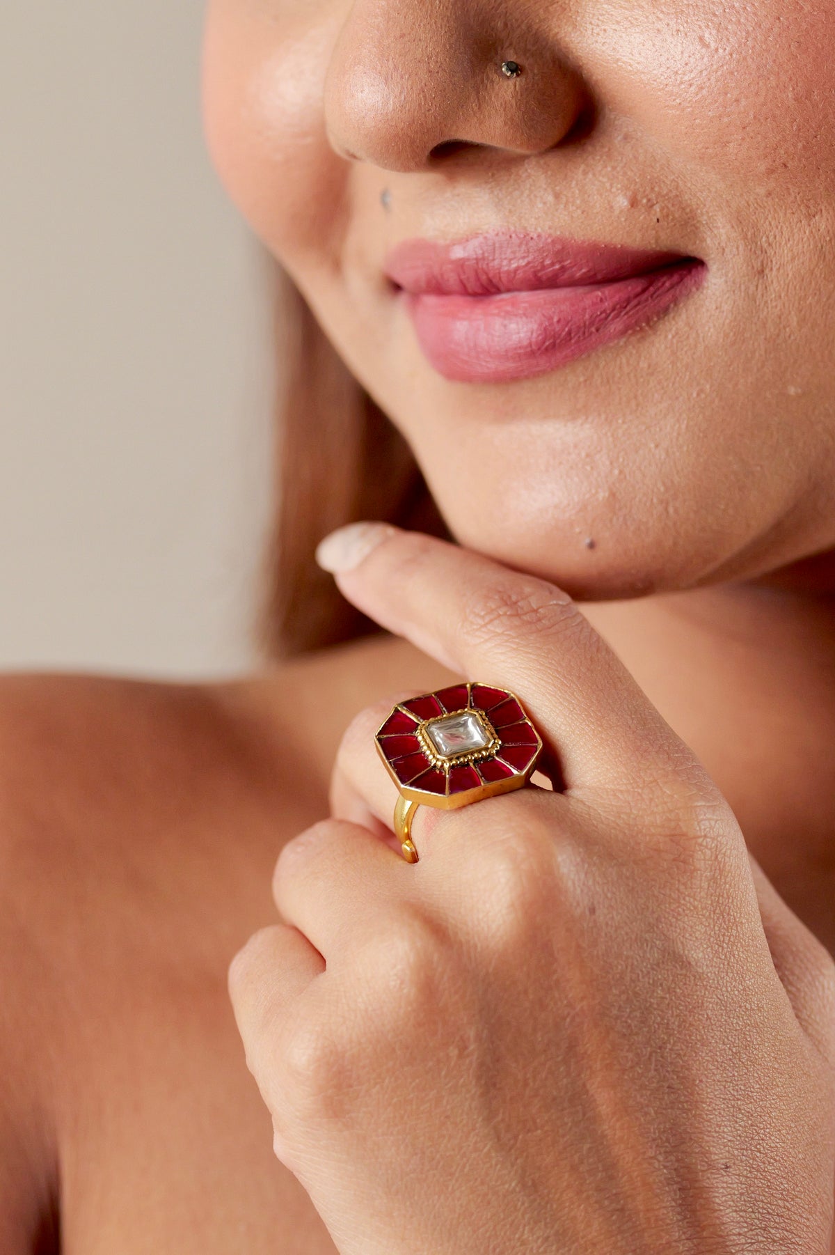Mishi Ruby Kundan Square Ring