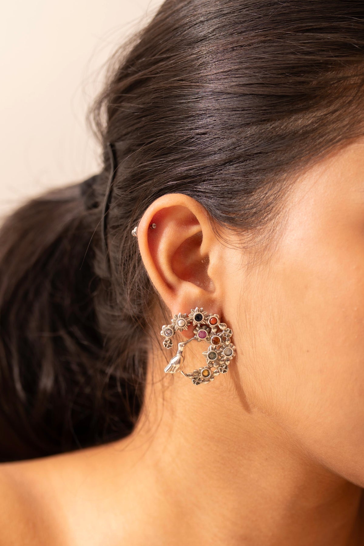 Navratna Bird Hoop Earring