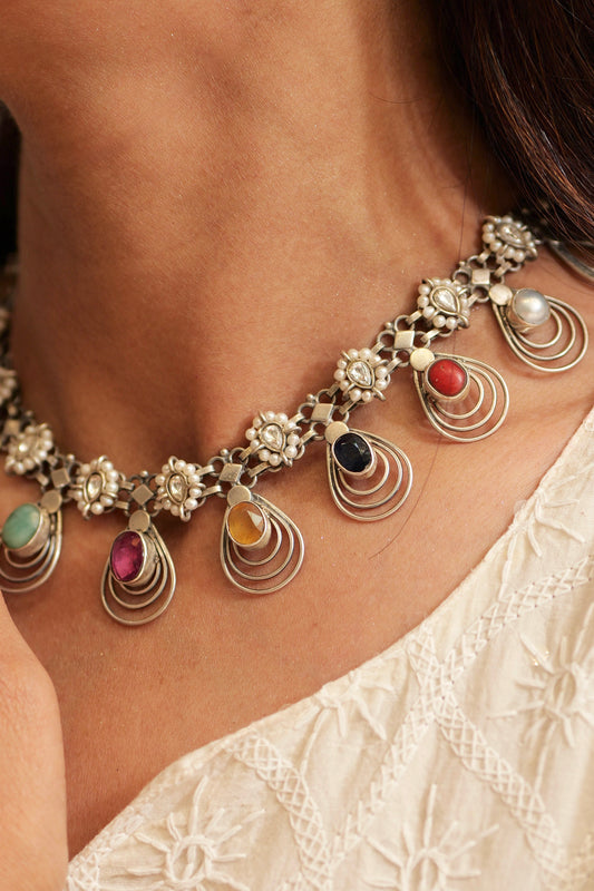 Anokhi Navratan Pearl Cascade Necklace Set