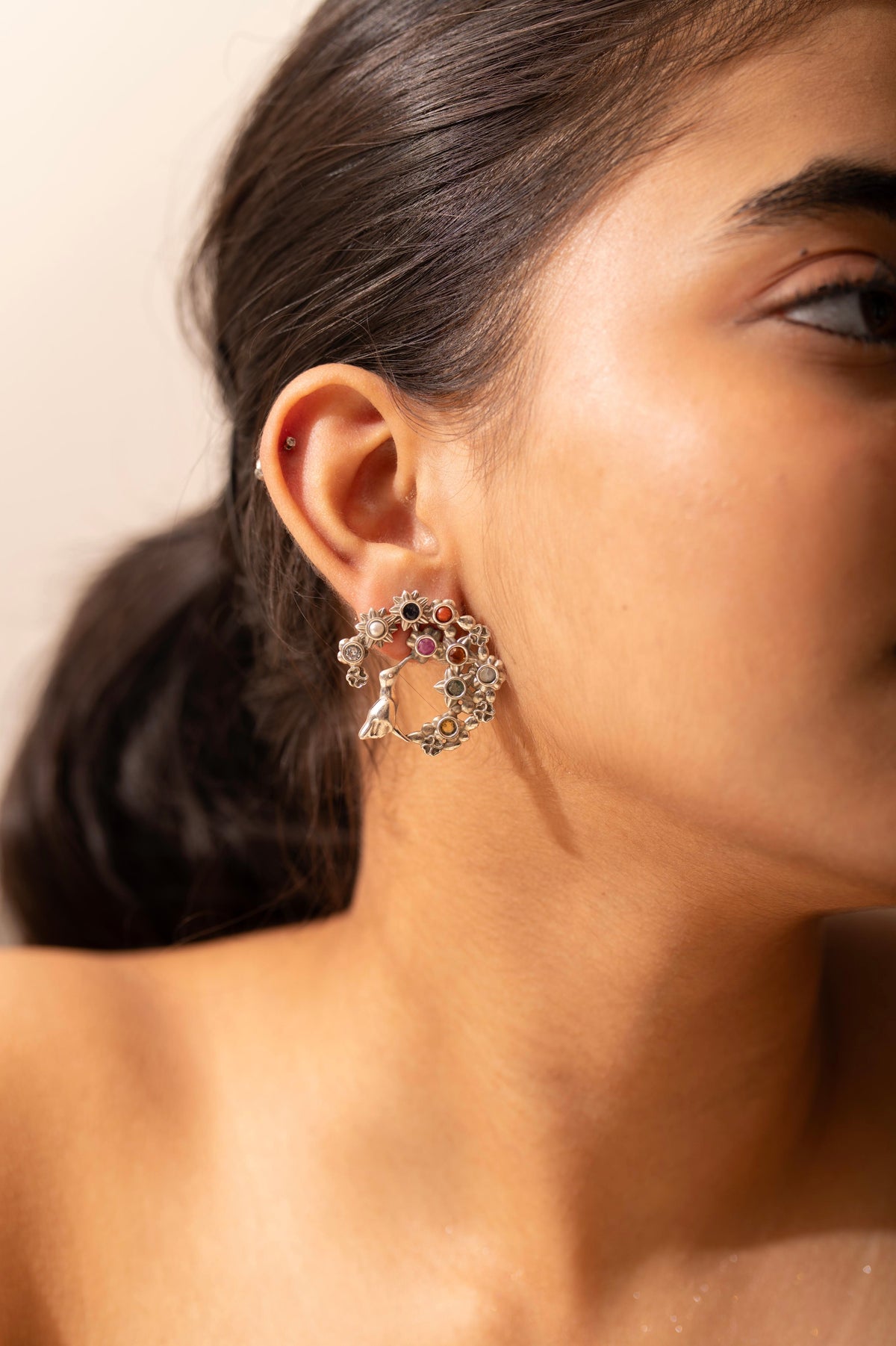 Navratna Bird Hoop Earring
