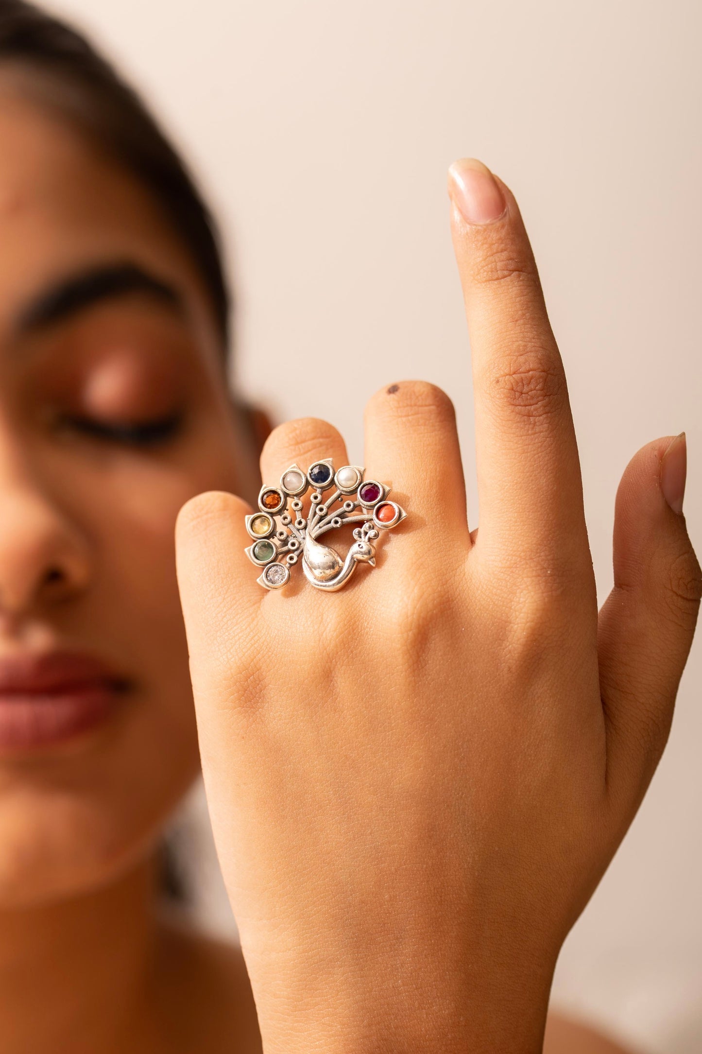 Mishi Navratan Peacock Bloom Ring