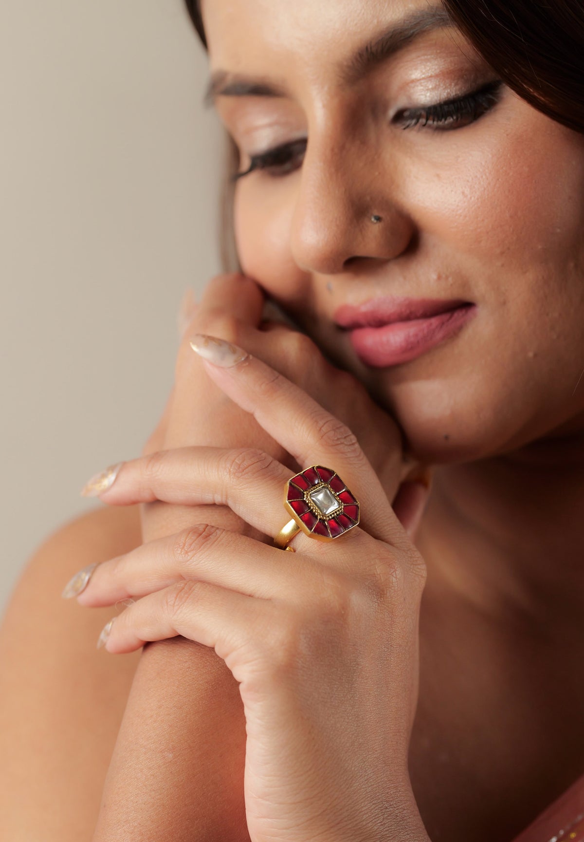 Mishi Ruby Kundan Square Ring