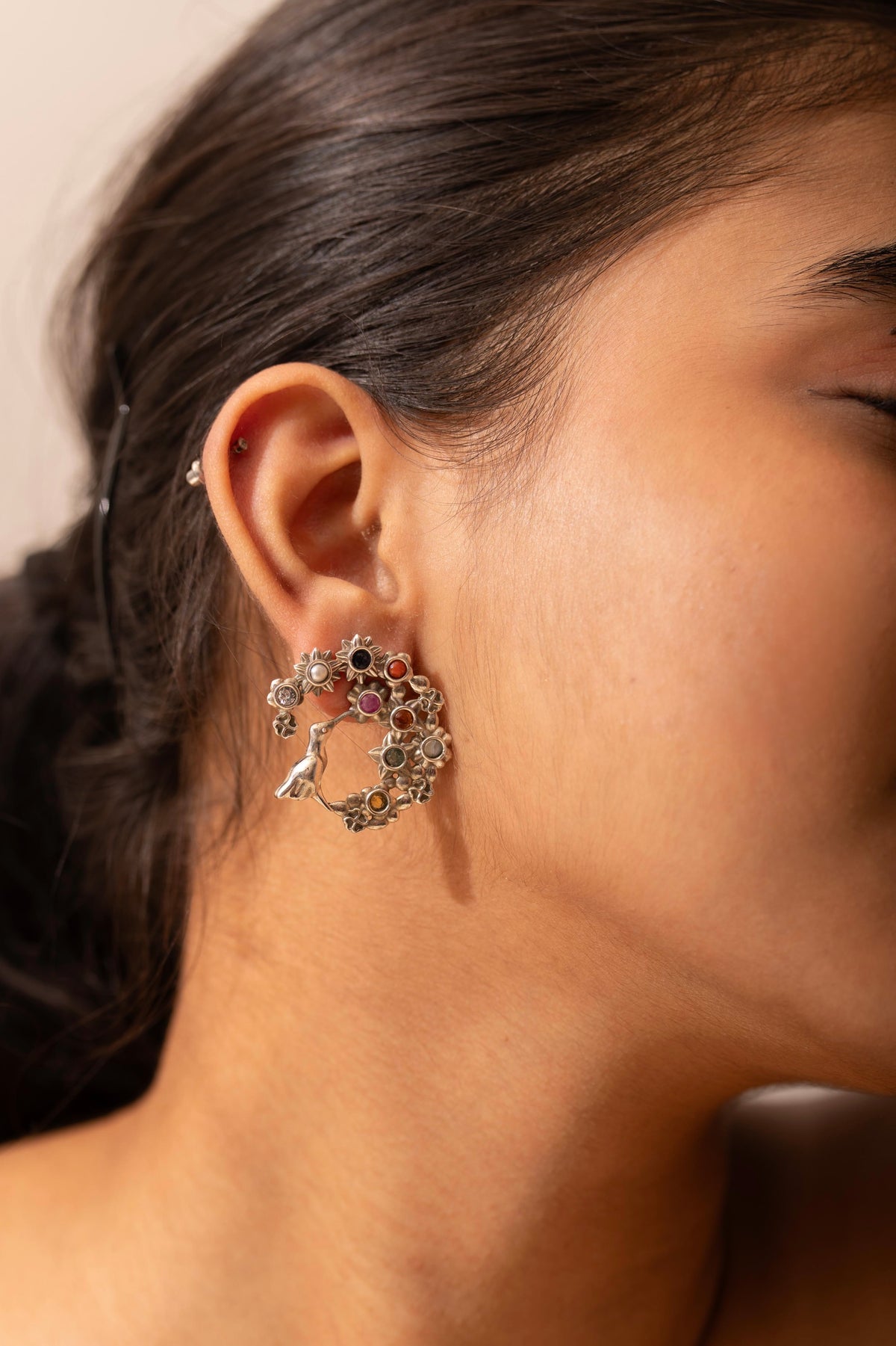 Navratna Bird Hoop Earring