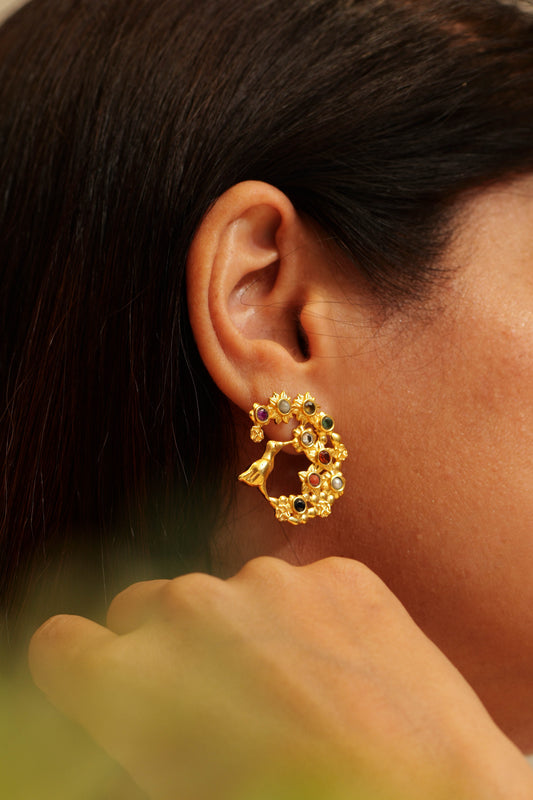 Navratna Bloom Bird Hoop Earring